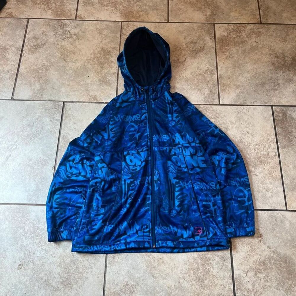 AND1 Blue Graffiti All Over Print Full Zip Hoodie Jacket Y2K Streetwear size L